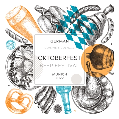 Oktoberfest wreath in collage style. German food and drinks menu design. Vector meat dishes sketches. German cuisine vintage frame. Oktoberfest party. Beer festival background